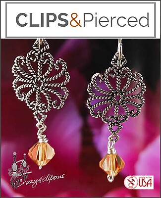 Feminine and Edgy Filigree Clip Earrings with Swarovski Crystals
