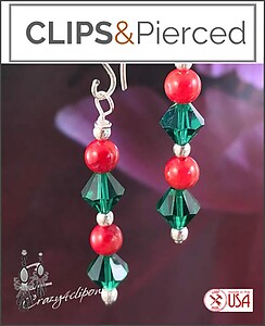 Green & Red Swarovski Crystal Earrings. Clip on & Pierced