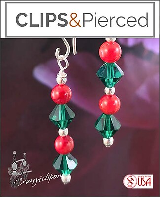 Green & Red Swarovski Crystal Earrings. Clip on & Pierced