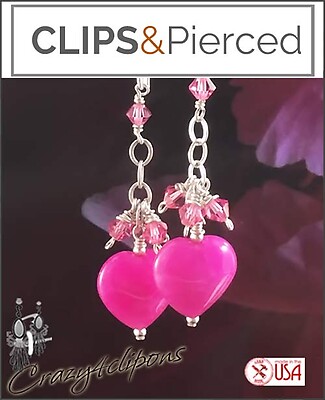 Pink Hearts and Crystals Dangling Earrings | Pierced or Clip-ons