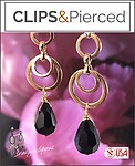 Dangling Gold Hoops w/ Black Crystals Earrings. Clip on & Pierced