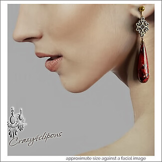 Dramatic Red Teardrop Clip Earrings. Clip on & Pierced