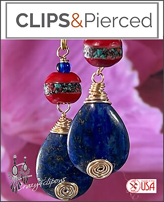 Bohemian Lapis Lazuli Teardrop Clip Earrings Dangles