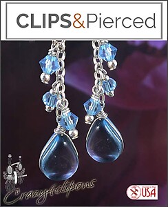 Pretty Dangling Glass, Crystal Clip Earrings