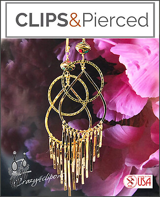 Diva Glamour. Bold Gold Fringed Clips Earrings Hoops