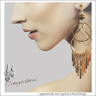 Diva Glamour. Bold Gold Fringed Clips Earrings Hoops