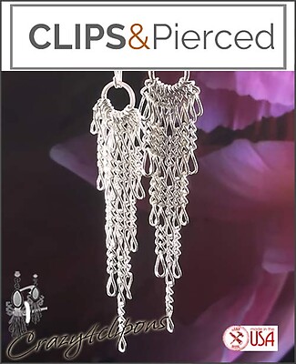 Long Dangling Silver Tassel Earrings | Pierced or Clip-ons