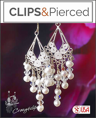 Glamorous Sterling Silver Pearls & Crystal Clip Earrings