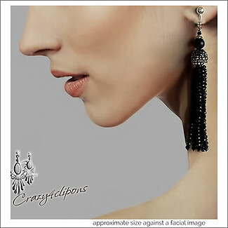 Dangling Onyx Beaded Tassel Clip Earrings