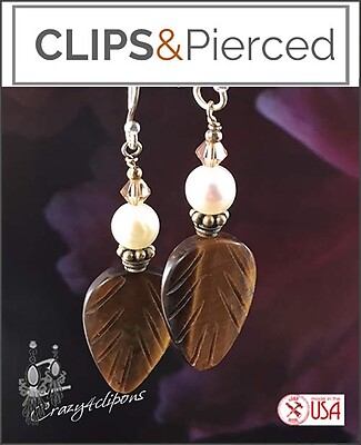 Autumn Tiger eye & White Pearl Earrings. Clip on & Pierced