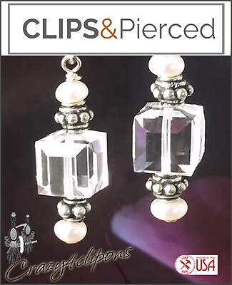 Petite Cube Crystal Swarovski Earrings. Clip on & Pierced