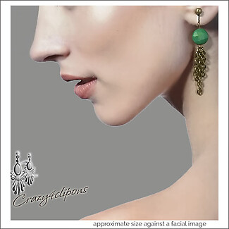 Green Turquoise w/ Antique Brass Tassels Earrings | Pierced or Clips