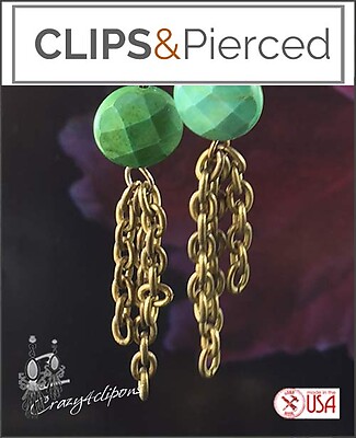 Green Turquoise w/ Antique Brass Tassels Earrings | Pierced or Clips