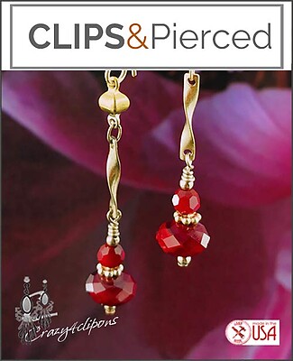 Gold & Scarlet Red Dangling Earrings | Pierced & Clips
