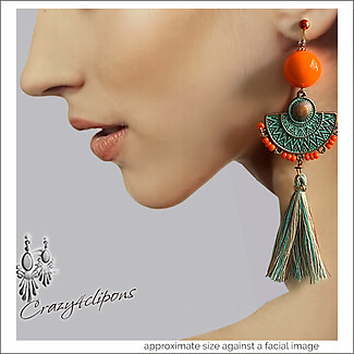 Long Bohemian Verdi-Gris Tassel Clip Earrings