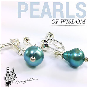 Teal/Blue Pearl Teardrop Clip On Earrings