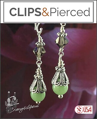 Green Jade & Swarovski Crystal Earrings | Pierced or Clips