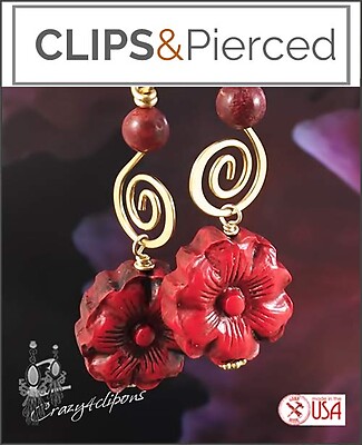 Bold & Spicy Red Cinnabar Floral Clip Earrings