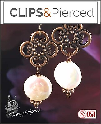 Antique Copper & Pearls Artisan Earrings | Pierced or Clips