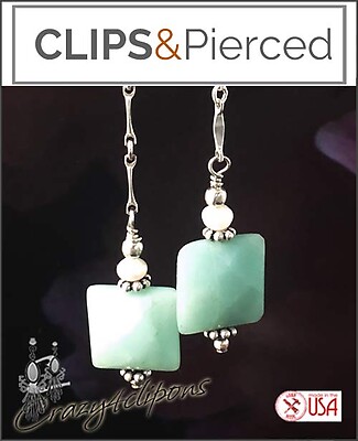 Amazonite, Pearls & Silver Clip On Earrings