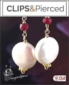 Elegant Pearl Coins & Ruby Earrings | Pierced or Clips