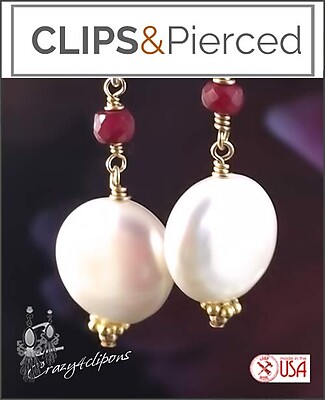 Elegant Pearl Coins & Ruby Clip Earrings