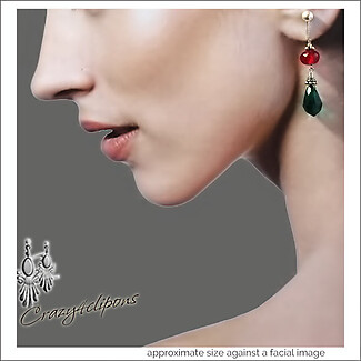 Fancy Green Red Dangling Earrings | Pierced or Clips