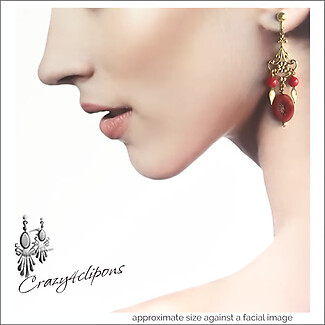 Red & Gold Dangling Clip On Earrings