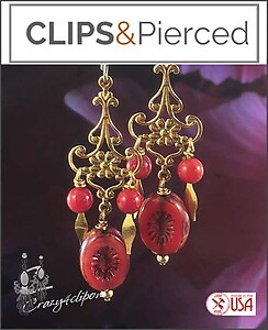 Red & Gold Dangling Clip On Earrings