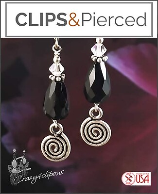 Swirled Oxidized Silver & Black Onyx Clip Earrings