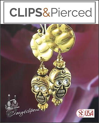 Halloween: Golden Doom Skull Earrings | Pierced or Clips