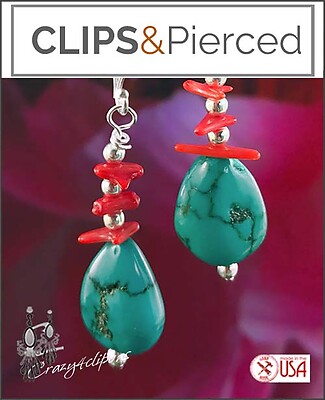 Turquoise & Coral Summer Clip Earrings | Pierced and Clipons