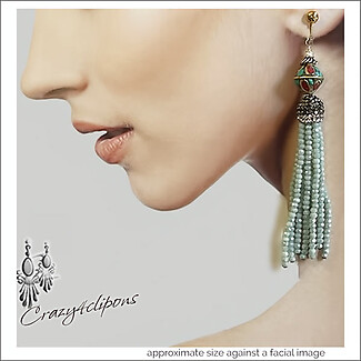 Seafoam Long Tassel Clip Earrings