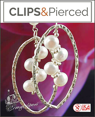 Large Textured Sterling Silver Hoops with Pearls