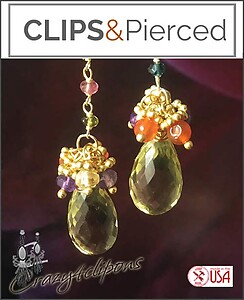 Elegant Yellow Citrine Earrings w/ Gems | Your choice: Pierced or Clip on