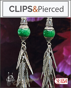Boho Elegance Green Jade Silver Feather Cluster Earrings