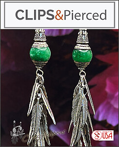 Boho Elegance Green Jade Silver Feather Cluster Earrings
