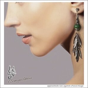 Boho Elegance Green Jade Silver Feather Cluster Earrings