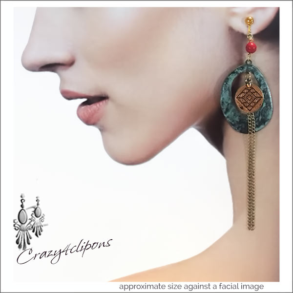Unique Expression: Long Boho Verdigris Clip Earrings