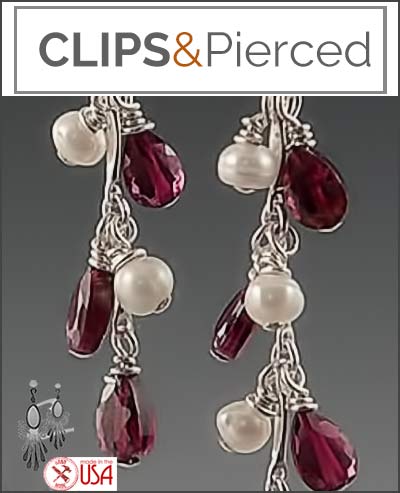 Garnet & Pearl Clip Earrings Dangles